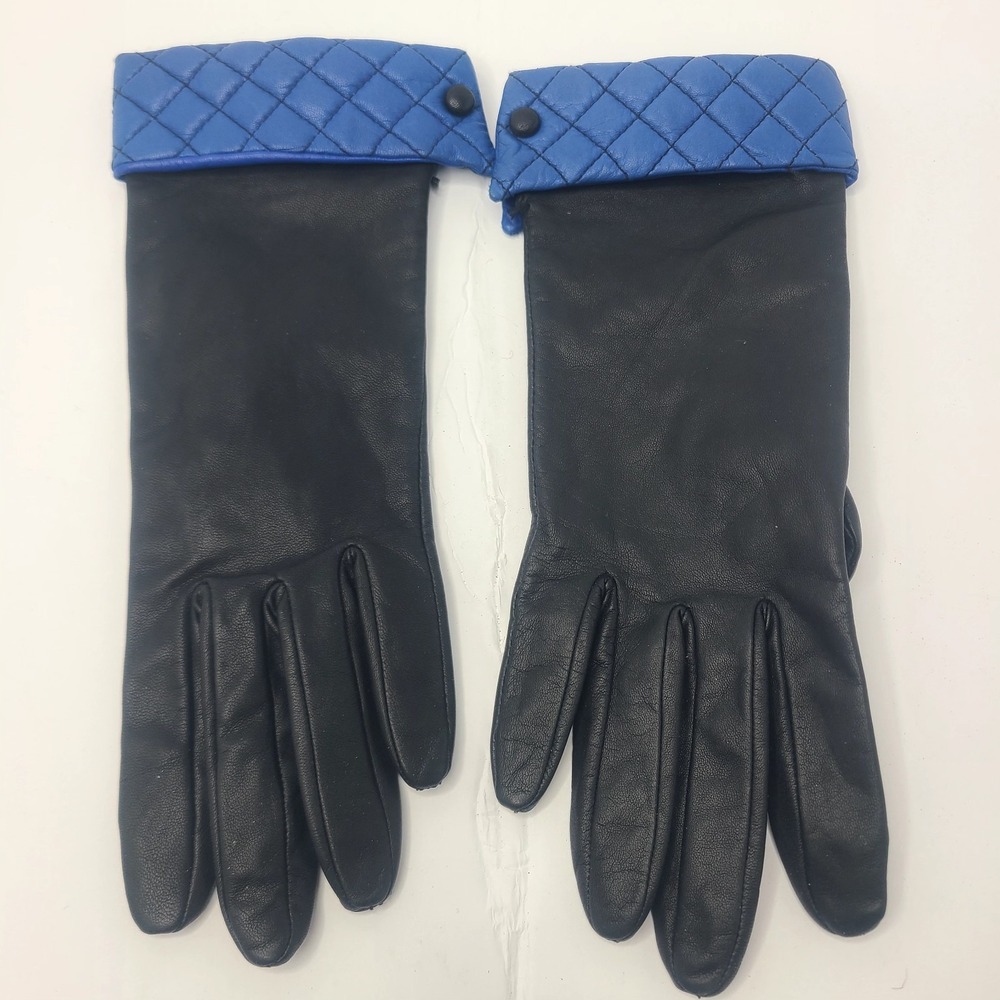Vintage Leather Gloves 6.5 Black with Quilted Blue Cuffs Retro 80s Accessory